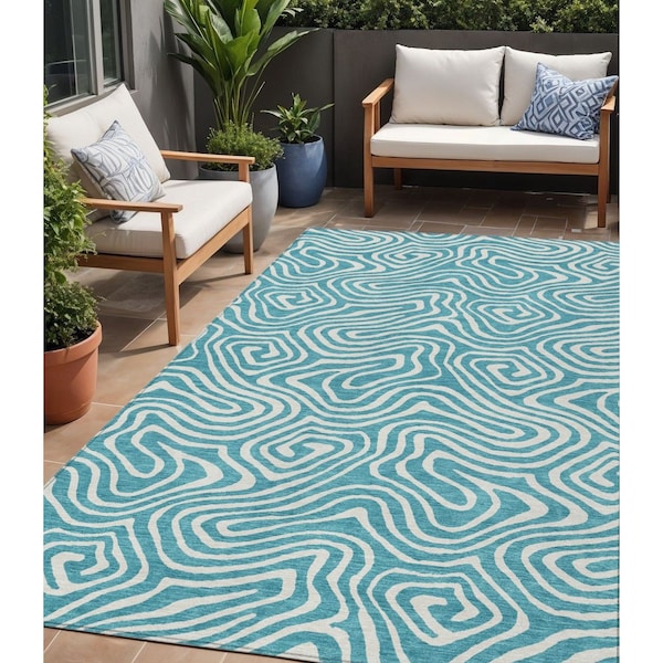 Homeroots 5' X 8' Teal Blue And Ivory Abstract Washable Indoor Outdoor Area Rug 599017 - main