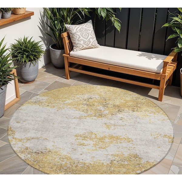 Homeroots 8' Gold Brown And Beige Round Abstract Washable Indoor Outdoor Area Rug 599492 - main