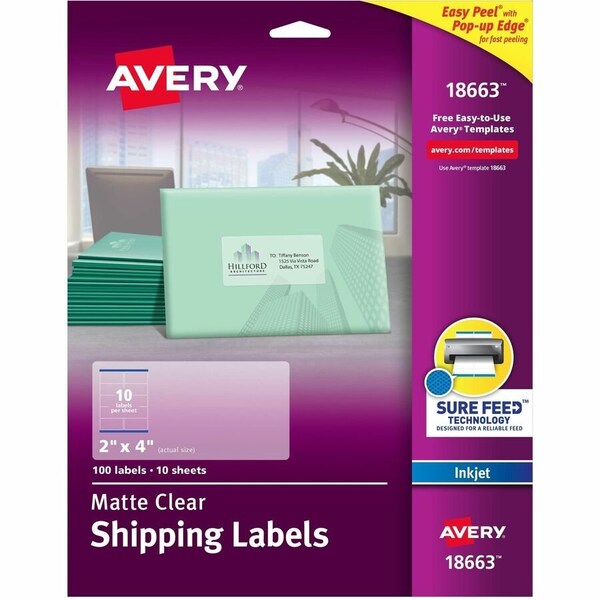 Avery Matte Clear Easy Peel Mailing Labels w/ Sure Feed Technology, Inkjet Printers, 2 x 4, Clear, 100PK 18663 - main