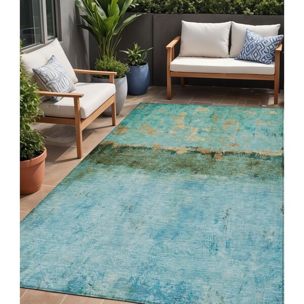 Homeroots 5' X 8' Teal Blue And Gold Abstract Washable Indoor Outdoor Area Rug 618632 - main