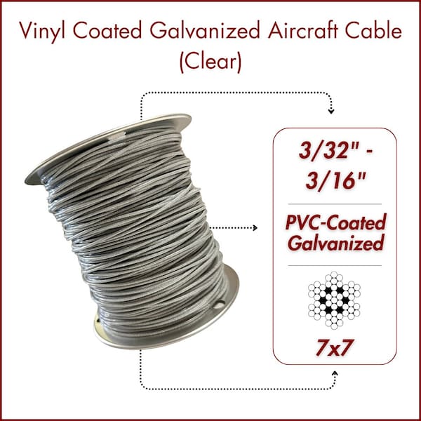 Laureola Industries 3/32 in.-3/16 in. Vinyl Coated Clear Galvanized Cable 7x7 Strand Wire Rope, 100 ft ZAG332316-77-GPC-100 - main