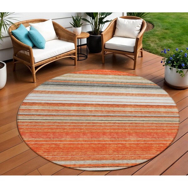 Homeroots 8' Coral Ivory And Gray Round Striped Washable Indoor Outdoor Area Rug 614805 - main