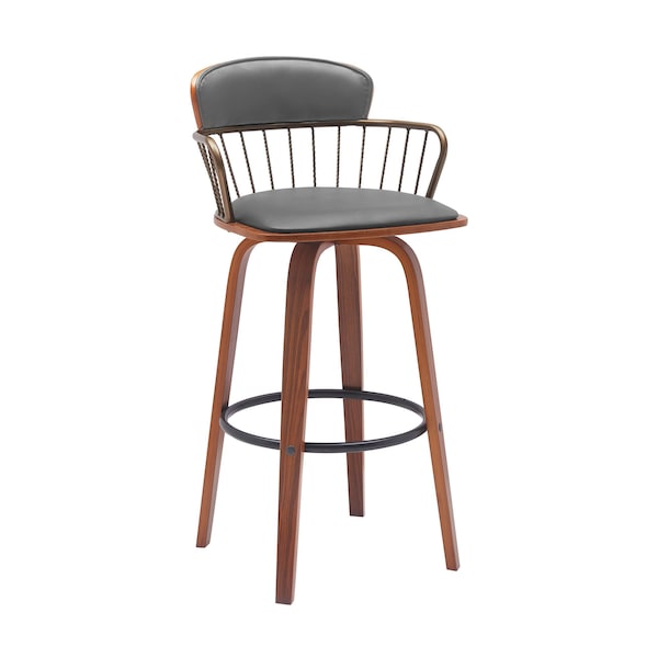 Homeroots 30" Gray And Wood Brown Faux Leather Swivel Low Back Bar Height Bar Chair 534444 - main