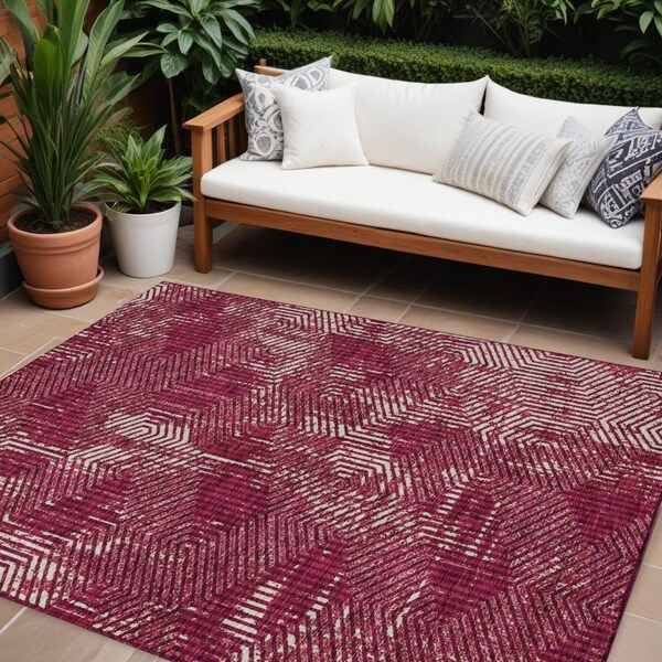 Homeroots 10' X 14' Burgundy And Ivory Geometric Washable Indoor Outdoor Area Rug 594532 - main