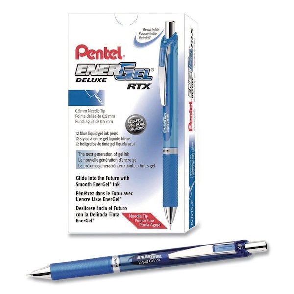 Pentel EnerGel RTX Deluxe Gel Pen, Retractable, Fine 0.5 mm, Blue Ink, Blue Barrel, 12PK BLN75C - main