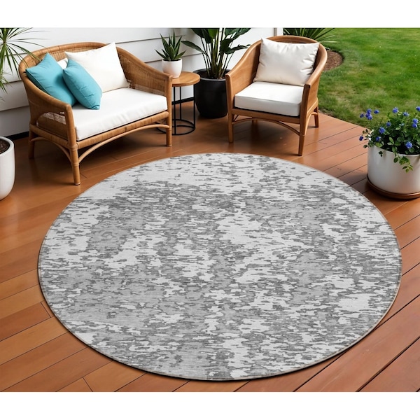 Homeroots 8' Gray And Ivory Round Abstract Washable Indoor Outdoor Area Rug 612745 - main