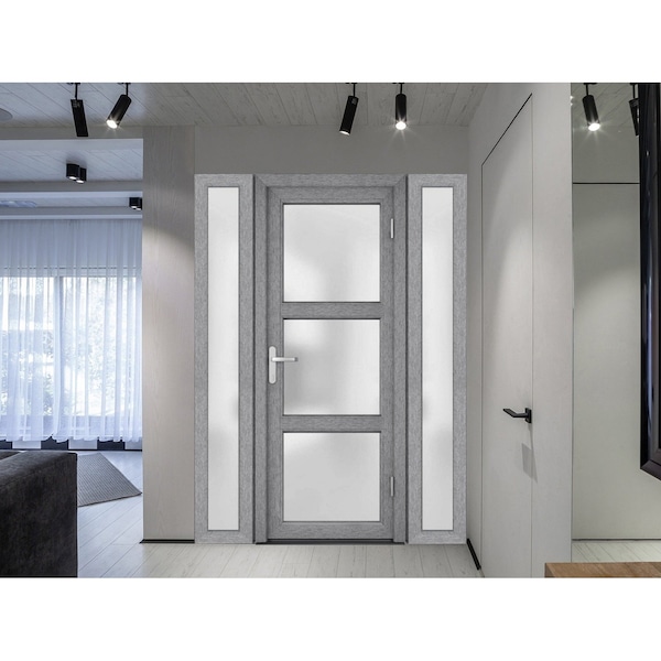 Vdomdoors Front Exterior Prehung FiberGlass Door Frosted Glass / Manux 8552 Grey Ash / 2 Sidelight Exterior W MANUX8552EXD-SS-W14+36+14 x H80-RH - main