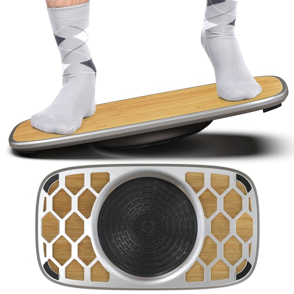 Homeroots Bamboo and Silver Active Standing Desk Balance Board 397717 - main