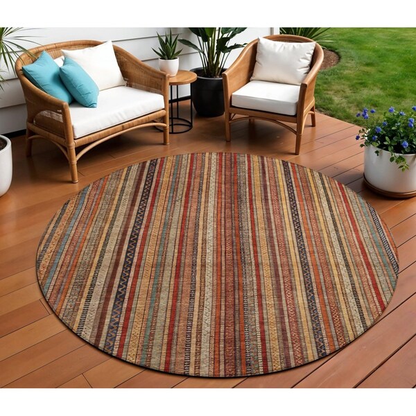 Homeroots 8' Rust Taupe And Gray Round Striped Washable Indoor Outdoor Area Rug 616384 - main