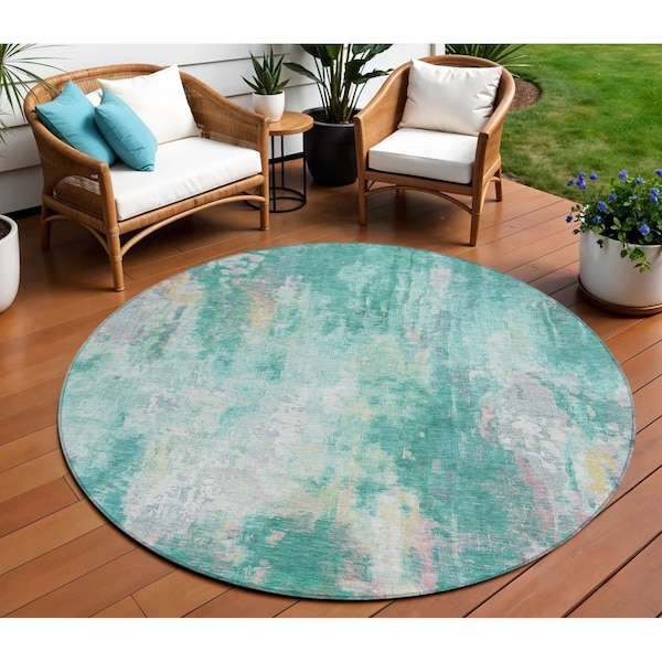 Homeroots 8' Teal Blue Peach And Ivory Round Abstract Washable Indoor Outdoor Area Rug 615886 - main