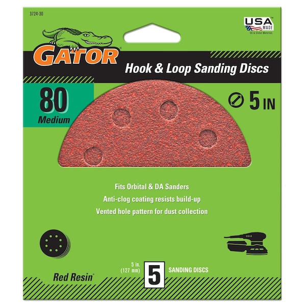 Gator Finishing Red Resin 5 in. Hook and Loop Sanding Discs, 80 Grit, Medium, 5PK 3724 - main