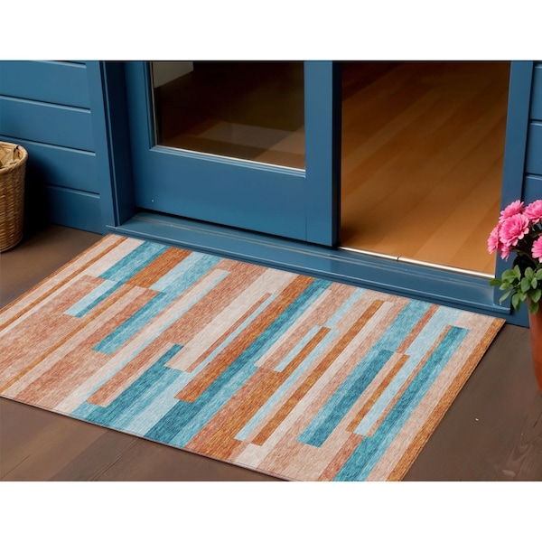 Homeroots 3' X 5' Orange Teal Blue And Salmon Striped Washable Indoor Outdoor Area Rug 613308 - main