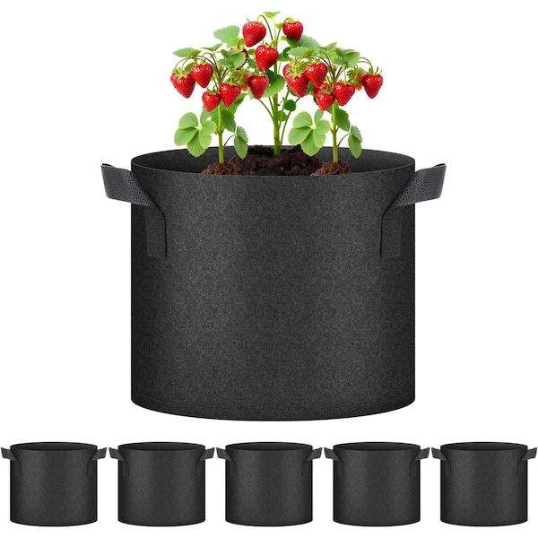 Yssoa Simple Deluxe Grow Bags 7 Gallon Planter Pots with Handles, Black, 5PK GLGROWBAG7X5BLKV2 - main