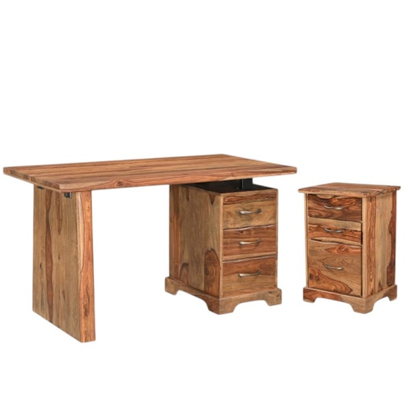 Homeroots 54" Brown Solid Wood Writing Desk and Bookshelf Set With Three Drawers 634358 - main