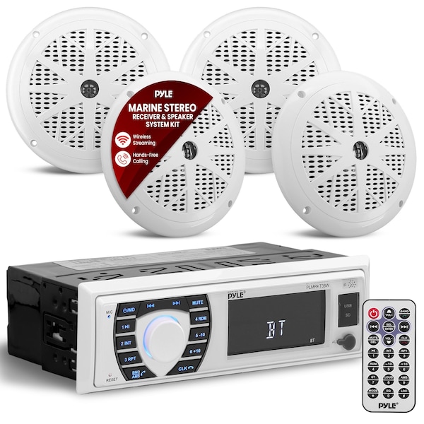 Pyle Pyle Marine Radio Receiver Speaker Set, 12V Bluetooth, Waterproof, 4 Speakers, Remote, White PLMRKT38W - main