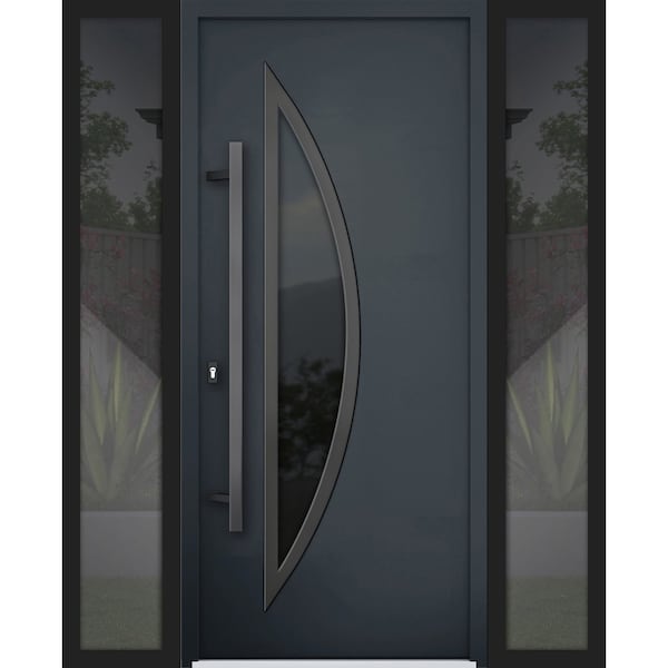 Vdomdoors Steel Door Deux 6501 Anthracite 2 Sidelight Exterior Windows Stainless Inserts Single Modern Painte DEUX6501EXD-BLK-W14+36+14 x H80-Left-hand Inswing - main