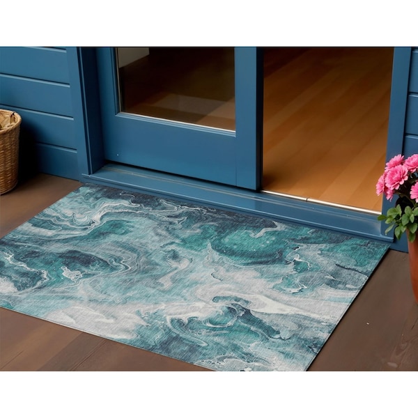 Homeroots 3' X 5' Teal Blue And Ivory Abstract Washable Indoor Outdoor Area Rug 617800 - main