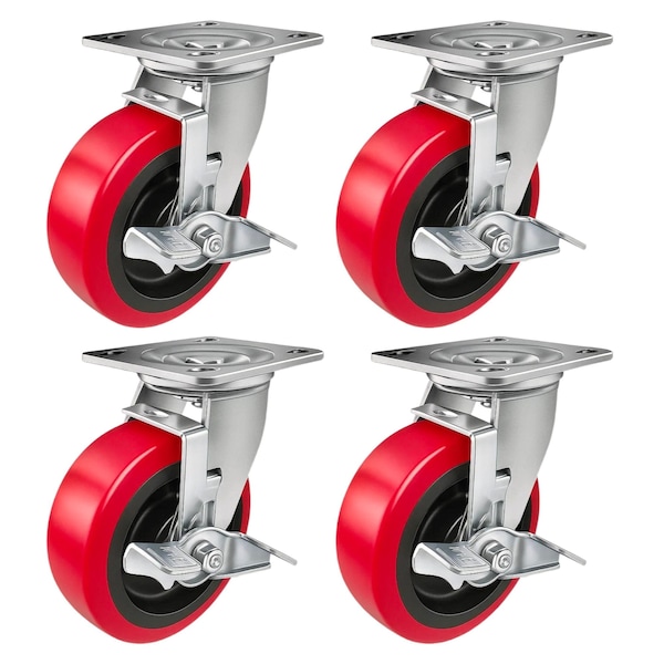 Hyw Products Heavy Duty Caster Set 6in Polyurethane on Plastic Wheels, 4 Swivel with Brake, 4PK 40-60S-A1-PU-TB-4 - main