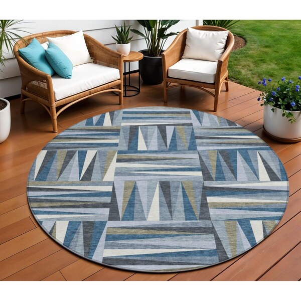 Homeroots 8' Denim Blue Gray And Ivory Round Geometric Washable Indoor Outdoor Area Rug 598252 - main