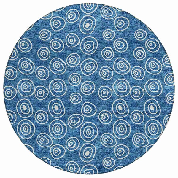 Homeroots 8' Navy Blue And Ivory Round Geometric Washable Indoor Outdoor Area Rug 583338 - main