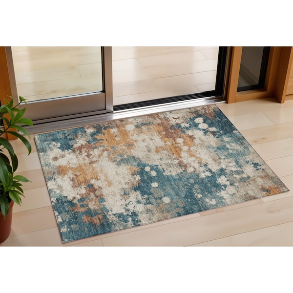 Homeroots 3' X 5' Teal Blue And Copper Abstract Washable Indoor Outdoor Area Rug 631975 - main