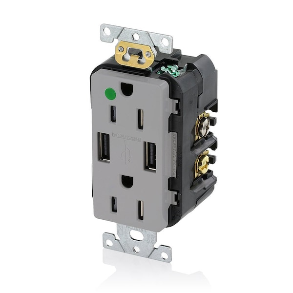 Leviton USB Charger/Duplex Tamper-Resistant Receptacle, Hospital Grade, 3.6/15 Amp, 125 Volt, Gray T5632-HGG - main