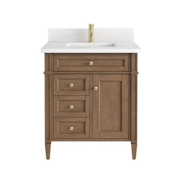 James Martin Vanities Brittany 30" Sgl Vanity, Pecan w/ Sgl Hole 3 CM White Zeus Silestone Top and Matching Backsplash 655-V30-PCN-1WZ - main