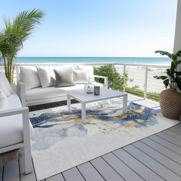 Homeroots 5' X 8' Blue And Gold Abstract Washable Indoor Outdoor Area Rug 611301 - main