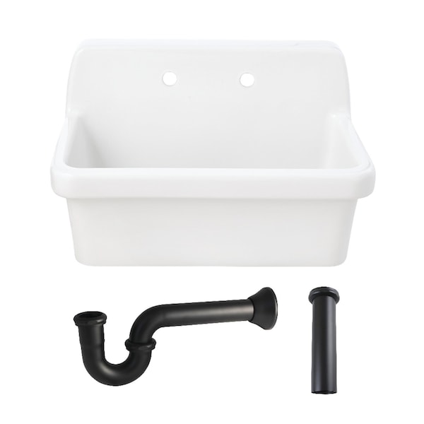 Kingston Brass 30" Ceramic Single Bowl Wall Mount Kitchen Sink with Strainer, White/Matte Black KGPKWS3019180 - main