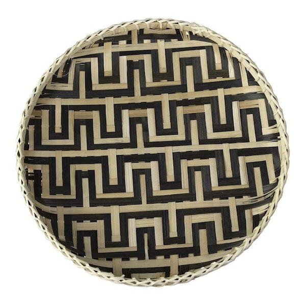 Homeroots 13in Black And Natural Round Wicker Greek Key Handmade Tray With Handles 476490 - main