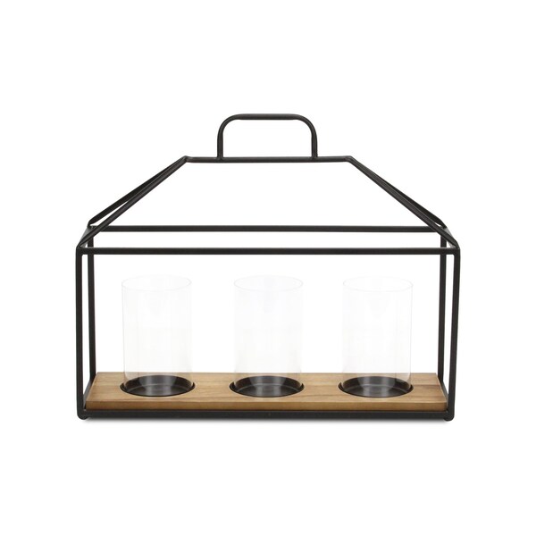 Homeroots 15" Black Metal Glass And Wood Geometric Three Light Hurricane Candle Holder 638043 - main