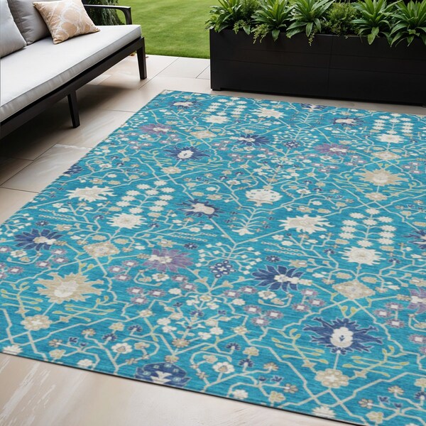Homeroots 5' X 8' Teal Blue Purple And Ivory Oriental Washable Indoor Outdoor Area Rug 598077 - main