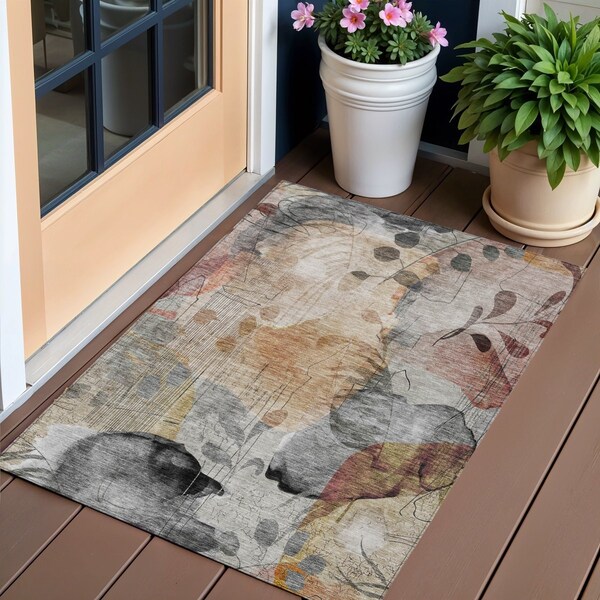 Homeroots 3' X 5' Terra Cotta Copper And Beige Floral Washable Indoor Outdoor Area Rug 588534 - main