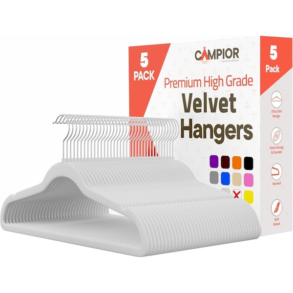 Campior White Velvet Hangers, 360 Deg Swivel Hook, Non-Slip and Space Saving Hangers, Heavy-Duty, 5PK CMPVVH5WH - main