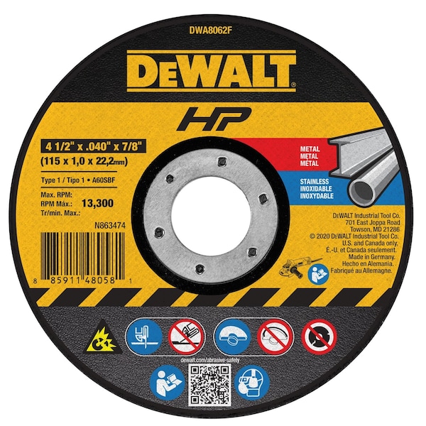 Dewalt Abrasive Cut-Off Wheel, Type 1, 4 1/2 in Dia, 0.04 in Thick, 7/8 in Arbor Hole Size, Aluminum Oxide DWA8062F - main