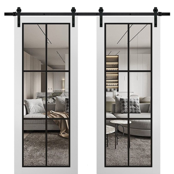 Sartodoors Sturdy Double Barn Door with Clear Glass, Lucia 2366 White Silk and Aluminum Strips, 13FT Rail Han LUCIA2366DB-WS-36 x 96 - main