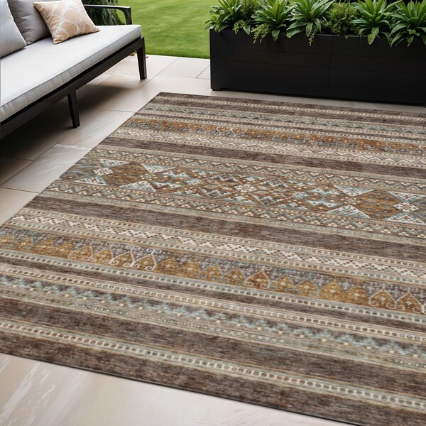 Homeroots 5' X 8' Chocolate And Gray Southwestern Washable Indoor Outdoor Area Rug 582813 - main