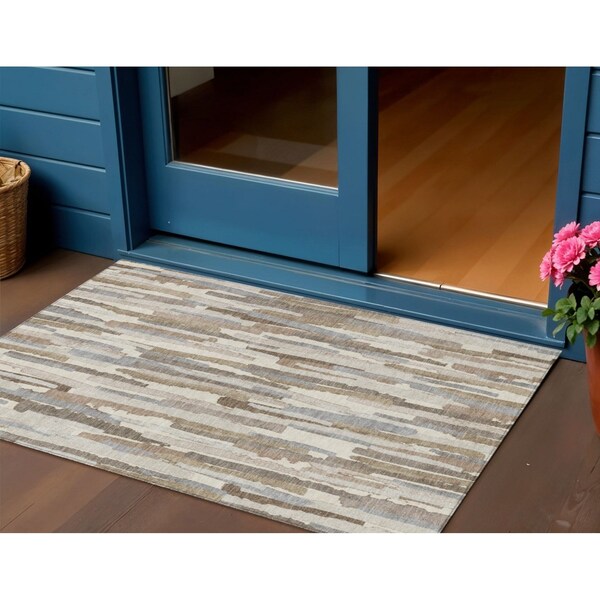 Homeroots 3' X 5' Ivory And Beige Striped Washable Indoor Outdoor Area Rug 609036 - main