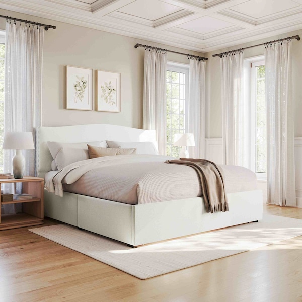 Martha Stewart Nyla King Upholstered Platform Bed with Curved Nailhead Headboard and Footboard Storage Drawer XH-8529-K-WH-MS - main