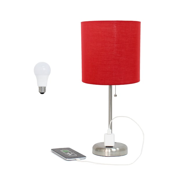 Homeroots 20" Silver Metal Table Lamp LED With Red Drum Shade 642904 - main