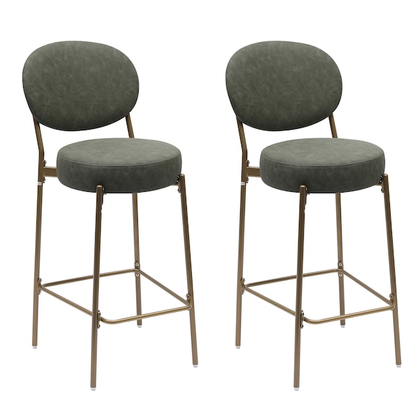 Homeroots Set of Two 29" Green and Gold Faux Leather and Metal Low Back Bar Height Bar Chairs, 2PK 719632 - main
