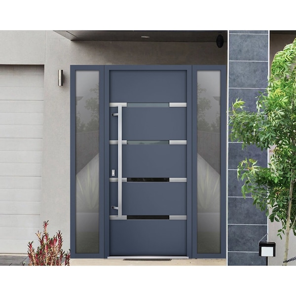 Vdomdoors Steel Door Deux 1105 Gray Graphite 2 Sidelight Exterior Windows Stainless Inserts Single Modern Pai DEUX1105EXD-GRE-W16+36+16xH80-RH-O - main