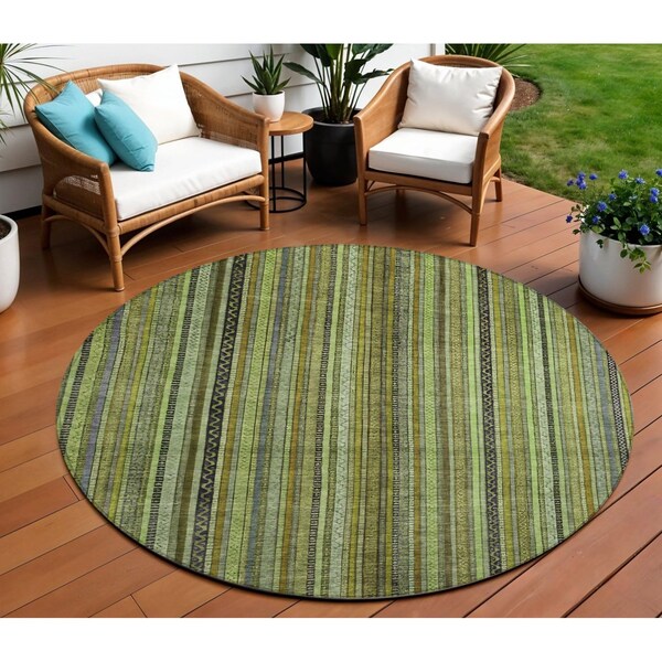 Homeroots 8' Green Gold And Gray Round Striped Washable Indoor Outdoor Area Rug 616372 - main