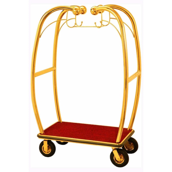 Aarco Curved Bellman's Luggage Cart, All Welded Construction, Brass Finish, 8 in Pneumatic Wheels, Red Carpet Bed and Bumper Guards, 47.25 in L x 25.5 in W x 73 in H BEL-101B-4P - main