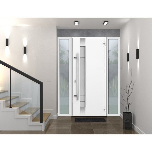 Vdomdoors Steel Door Deux 1713 White Enamel 2 Sidelight Exterior Black Windows Stainless Inserts Single Moder DEUX1713EXD-BEM-W16+36+16 x H80-Left-hand Inswing - main