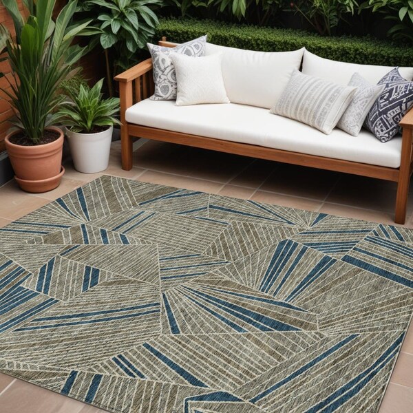 Homeroots 9' X 12' Taupe Blue And Beige Geometric Washable Indoor Outdoor Area Rug 594819 - main