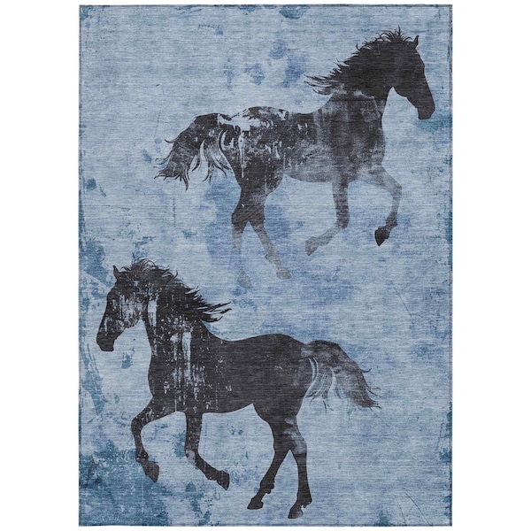Homeroots 9' X 12' Denim Blue And Charcoal Horse Washable Indoor Outdoor Area Rug 618647 - main