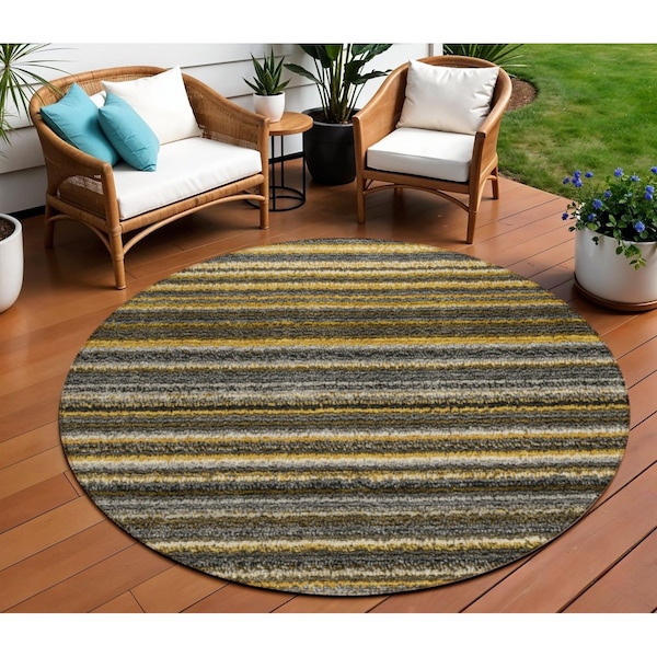 Homeroots 8' Gold Beige And Wheat Round Striped Washable Indoor Outdoor Area Rug 577777 - main