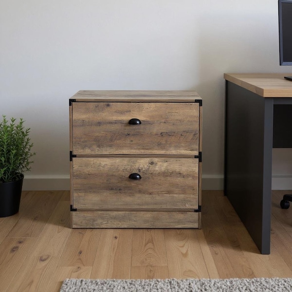 Homeroots 30" Oak Wood Two Drawers Filing Cabinet 568314 - main