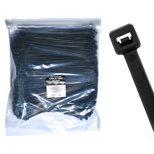 Cable Ties Unlimited Heat Stabilized Cable Tie, 11 in L, 50 lb Strength, 3.2 in Max Bundle Dia, UV-Res, Blk, 1000PK HS11-50-M - main